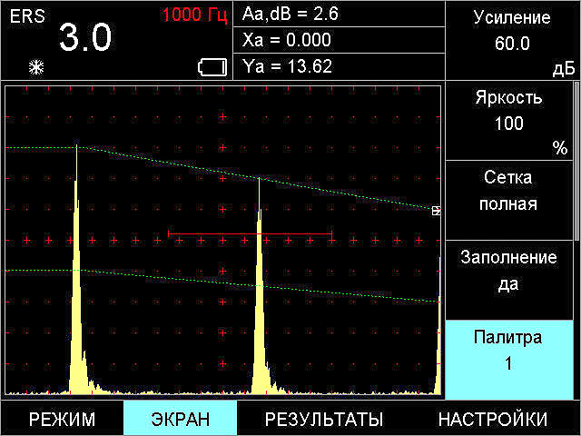 Полноэкранный режим ультразвукового дефектоскопа УСД-50 IPS